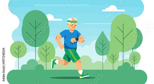 Active senior man jogging in park, maintaining fitness and wellness through regular exercise routine