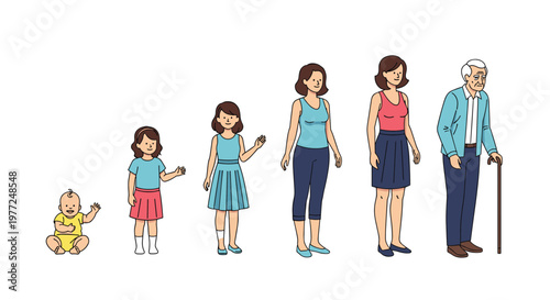 Human life cycle illustration showing the stages of aging from a small infant to an elderly man with a walking stick.