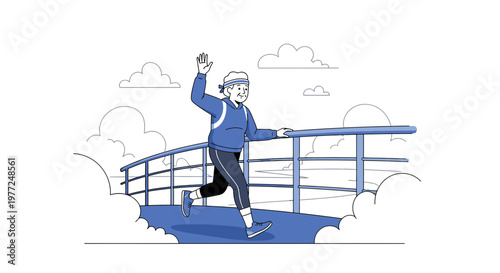 Active senior woman jogging happily over bridge in sportswear wellness illustration