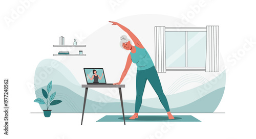Active Senior Woman Engages in Online Yoga Session for Mind and Body Wellness at Home