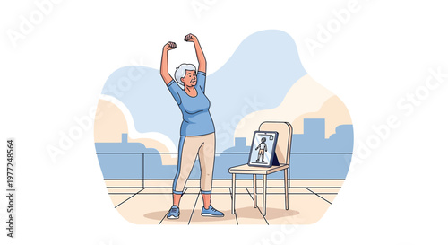 Active senior woman enjoying online fitness class on rooftop with city skyline view