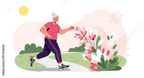 Active senior woman jogging in a blooming park, promoting a healthy and joyful lifestyle