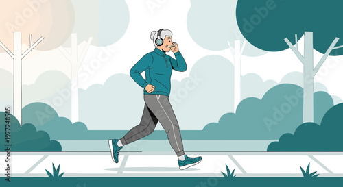 Active senior woman jogging in a park with headphones on a sunny day for health and wellness