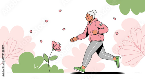 Active senior woman jogging outdoors enjoying a healthy lifestyle among blooming flowers and