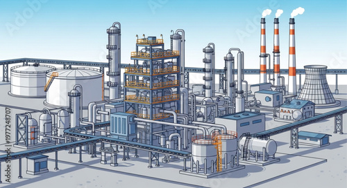 Detailed Illustration of a Large Industrial Oil Refinery Complex.