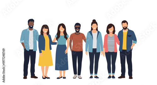 Multiethnic group of young men and women stand together in casual attire smiling warmly for a friendly group portrait.