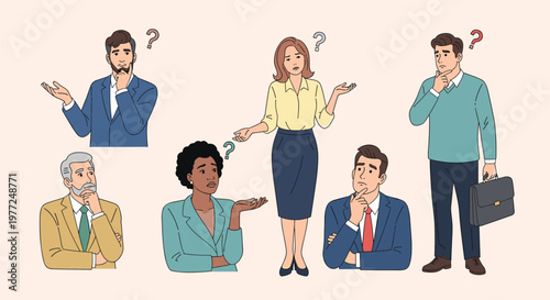 Diverse group of professional men and women appear confused and thoughtful with question marks above their heads in an office setting.