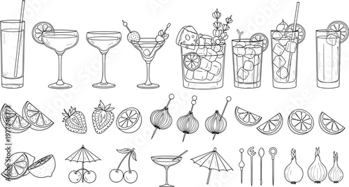 Flat vector illustration of cocktail glasses, garnishes, fruits, umbrellas, mixology elements, bartending decorative design