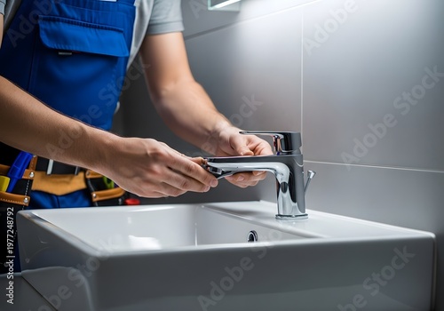 Plumber installing new faucet in bathroom