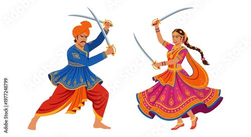 Two warriors engaging in a traditional indian sword dance performance