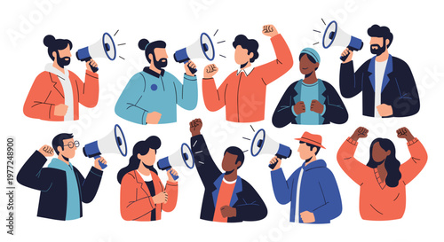 Diverse group of protesters shouts through megaphones and raises their fists in the air to voice their opinions and demands.