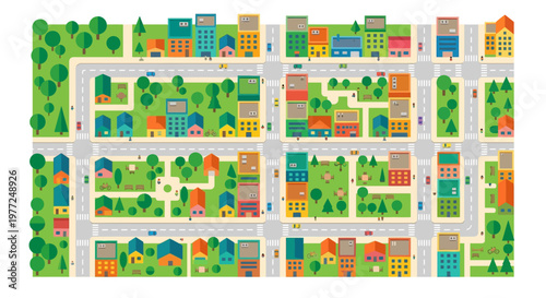 Colorful aerial view of a simplified city with buildings and parks