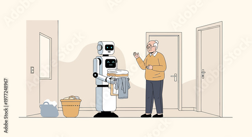 Advanced elder care illustration featuring friendly robot assistant providing companionship and
