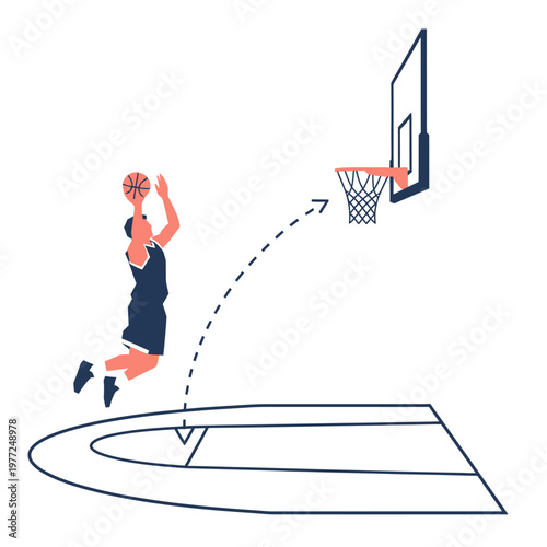 Basketball player jumping to score a slam dunk on court, illustration