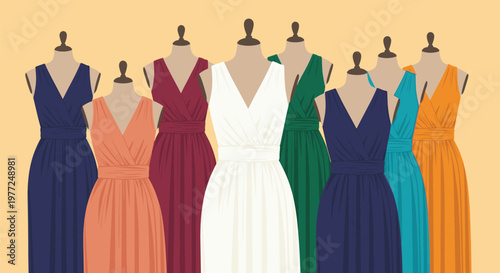 Collection of nine elegant maxi dresses in various vibrant colors is displayed on headless mannequins against a yellow background.