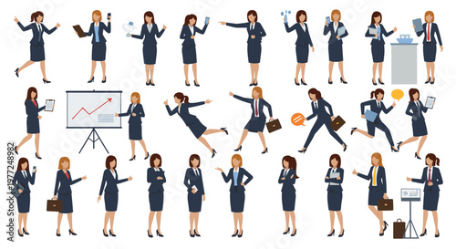 Comprehensive set of character illustrations shows a business woman in numerous different professional poses and daily work activities.