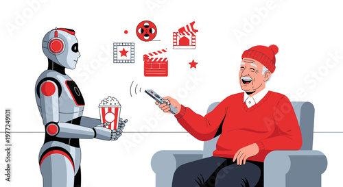 Advanced home companionship concept portraying a happy elderly man with a robot caregiver offering