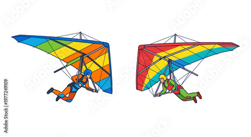 Two colorful hang gliders with pilots soaring through the air
