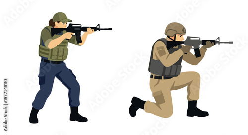Two soldiers aiming rifles in a tactical illustrated scene