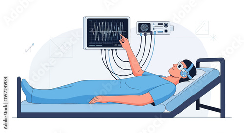 Advanced medical research and technology with a man undergoing brainwave analysis on hospital bed