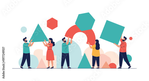 Group of five people works together to assemble large colorful geometric shapes representing teamwork and problem solving.
