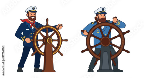 Two cartoon sailors with beards steering ship wheels at sea