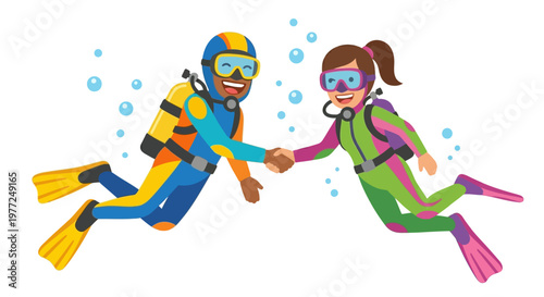 Two divers a man and a woman are happily shaking hands underwater