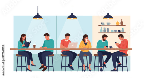 Six diverse individuals sit at a long wooden counter in a modern cafe while reading, working, and enjoying drinks.