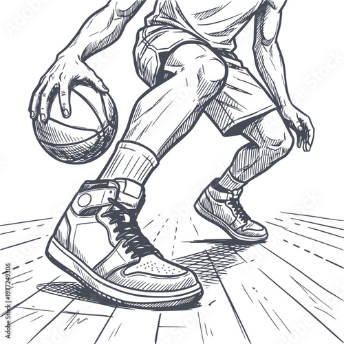 close up of basketball player legs and sneakers dribbling on court hand drawn sketch with black fill and no white fills for easy editing