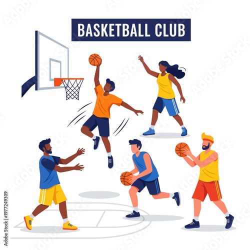 Diverse basketball team playing game on court, action shot