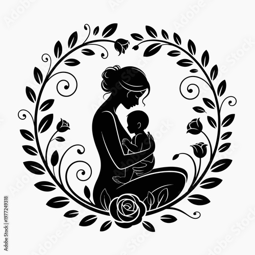 A silhouette of a woman holding a child is enclosed in an ornate floral circle. The composition highlights the bond between mother and child.