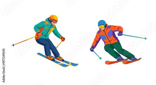Two skiers in colorful gear descend a snowy slope with poles