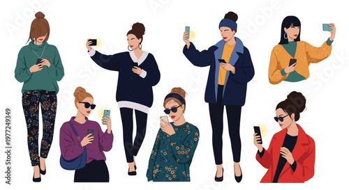 Group of stylish young women in trendy winter and autumn clothing use their smartphones for photography and social media.