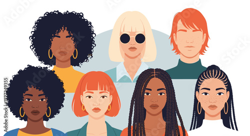 Collection of seven portraits featuring diverse women with different skin tones and hairstyles to celebrate feminine beauty.