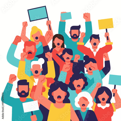 Diverse Crowd Protesting with Signs and Raised Fists - Vector Illustration