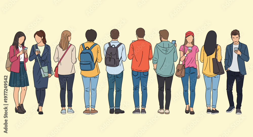 Obraz premium Row of ten people seen from behind stands in a line with many individuals looking at their smartphone screens.