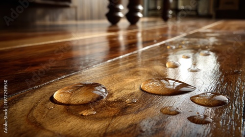 Water Drops on Wooden Floor Surface Closeup with Warm Natural Light