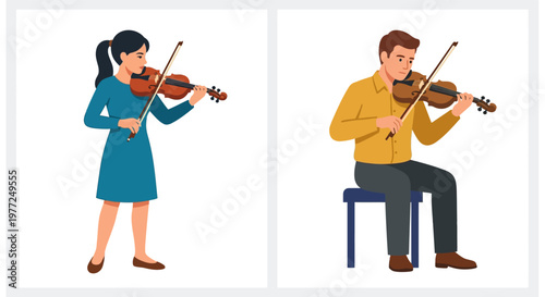 Two musicians playing violins in a simple colorful illustration