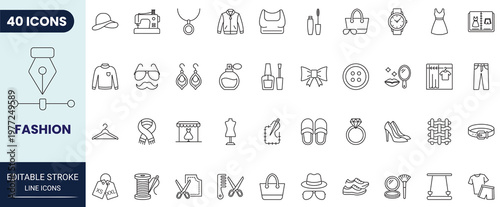 Fashion icon set in outline style. Editable stroke. Vector icon collection.