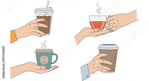 Collection of four illustrations showing human hands holding various hot and cold beverages in cups and mugs.