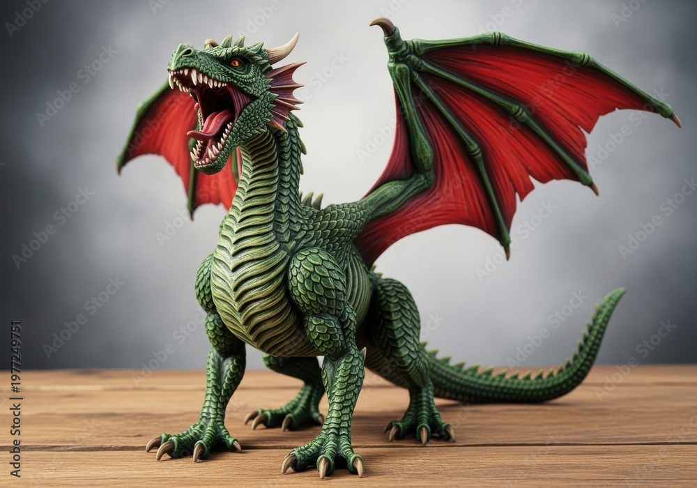 Fototapeta premium A green dragon with red wings standing on a wooden surface