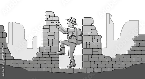 Adventurous traveler exploring ancient ruins detailed illustration of exploration and discovery of