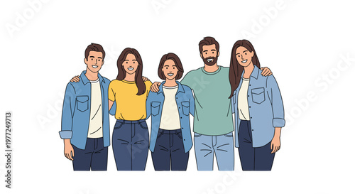 Group of five smiling young friends stands closely together with arms around each other to show their strong bond.