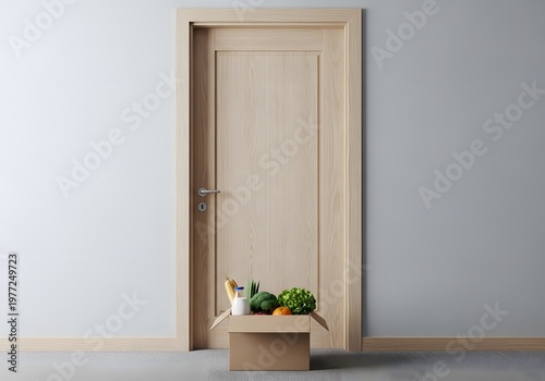 Fresh groceries are presented at a doorway, symbolizing the convenience of delivery services that bring nourishing produce right to your home, enhancing accessibility to wholesome eating options