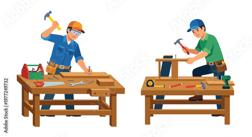Two construction workers collaborating on a woodworking project indoors