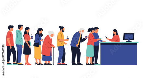 Diverse group of people of various ages and ethnicities standing in a queue waiting for service at a professional reception desk counter.