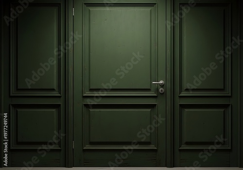 A striking green paneled entryway with a brushed silver door handle presents an inviting passage, suggesting privacy and a peek into the style and design of the interior space which is quite