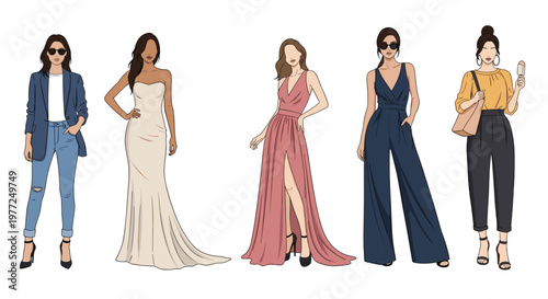 Diverse collection of women showcasing different fashion styles ranging from casual denim and blazers to elegant evening gowns and jumpsuits.