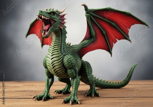 A green dragon with red wings standing on a wooden surface