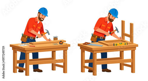 A carpenter building with wood shown in two different poses